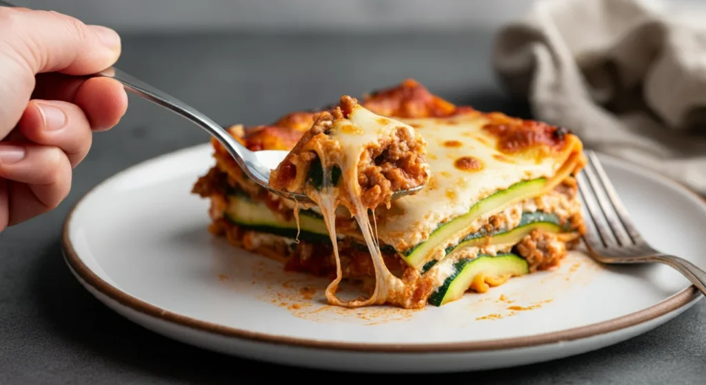 Keto Best Lasagna Hand holding a spoon scooping cheesy bite from a half-eaten Keto Best Lasagna slice on a white plate, with sauce smears and casual table setup.