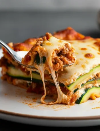 Keto Best Lasagna Hand holding a spoon scooping cheesy bite from a half-eaten Keto Best Lasagna slice on a white plate, with sauce smears and casual table setup.