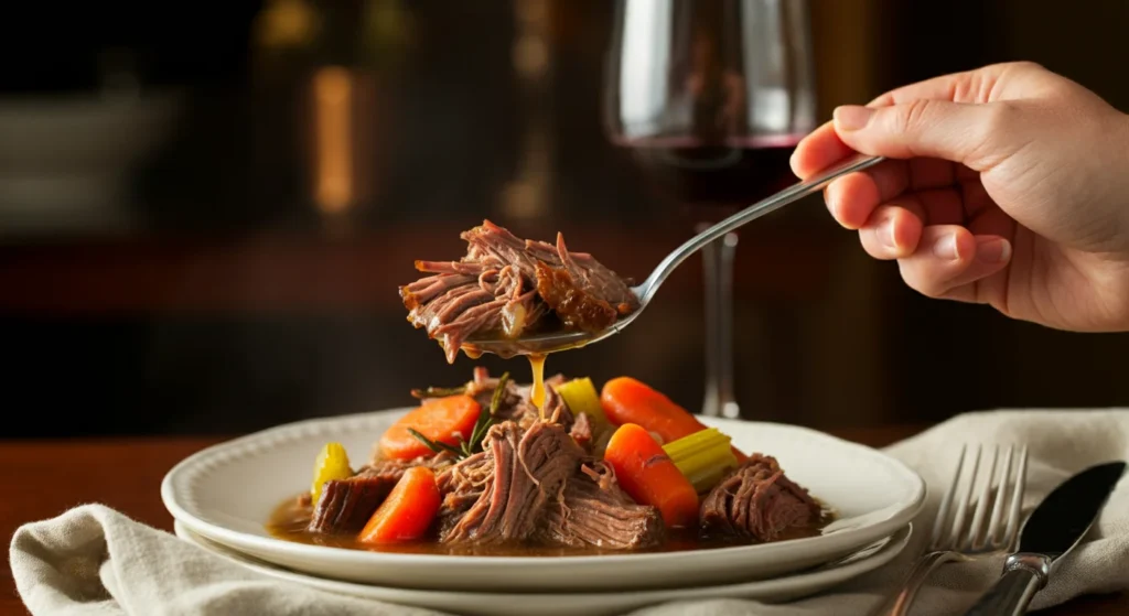 Keto Beef Pot Roast Hand holding a spoon with Keto Beef Pot Roast over a white plate with beef, carrots, and rosemary on a wooden table.