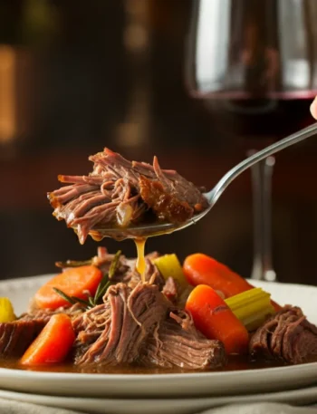 Keto Beef Pot Roast Hand holding a spoon with Keto Beef Pot Roast over a white plate with beef, carrots, and rosemary on a wooden table.