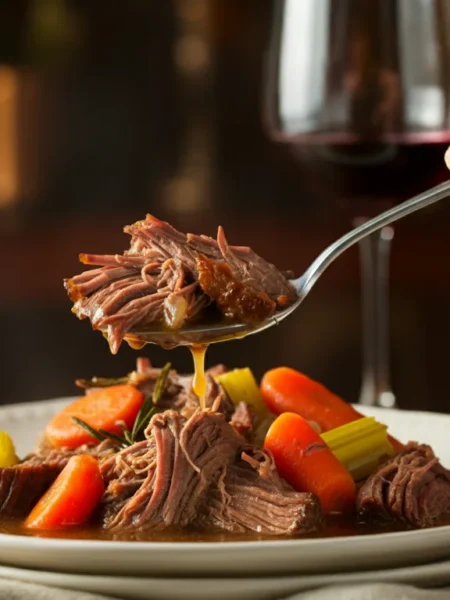 Keto Beef Pot Roast Hand holding a spoon with Keto Beef Pot Roast over a white plate with beef, carrots, and rosemary on a wooden table.