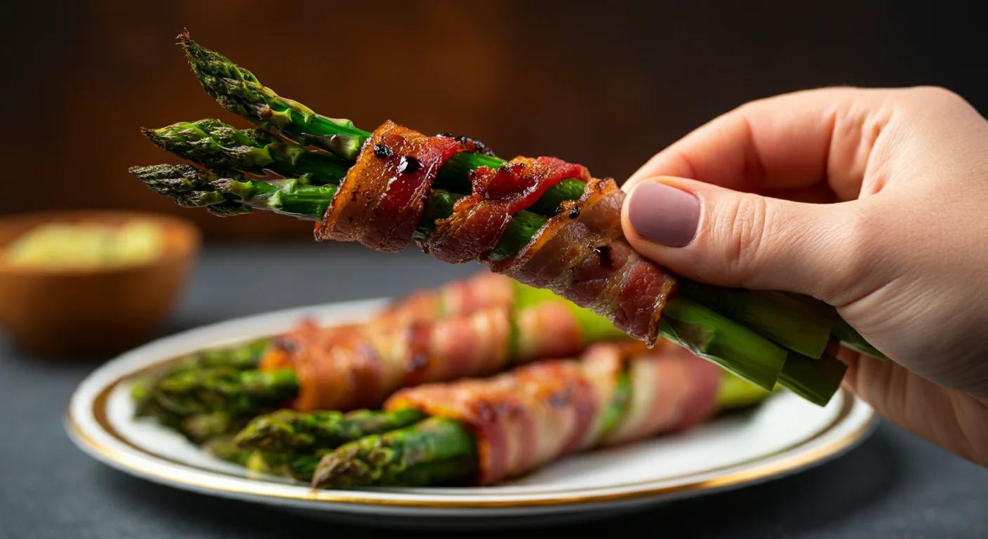 Keto Bacon Wrapped Asparagus Close-up of a hand holding a bacon-wrapped asparagus bundle with a blurred background of a plate of bundles.