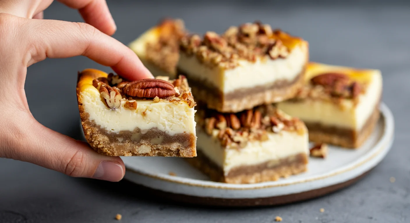 Keto Sugar-Free Pecan Cheesecake Bars Hand holding a Keto Pecan Cheesecake Bar, showing creamy layers, with more bars arranged on a ceramic plate in a soft, blurred backdrop.