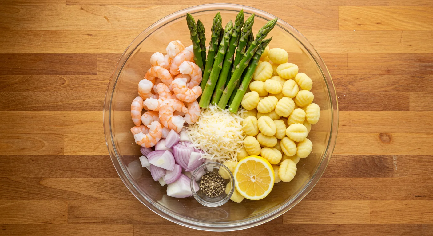 High-Protein Skillet Gnocchi Fresh ingredients for skillet gnocchi in a glass bowl: shrimp, asparagus, shallots, gnocchi, Parmesan, olive oil, and lemon on a wooden countertop.