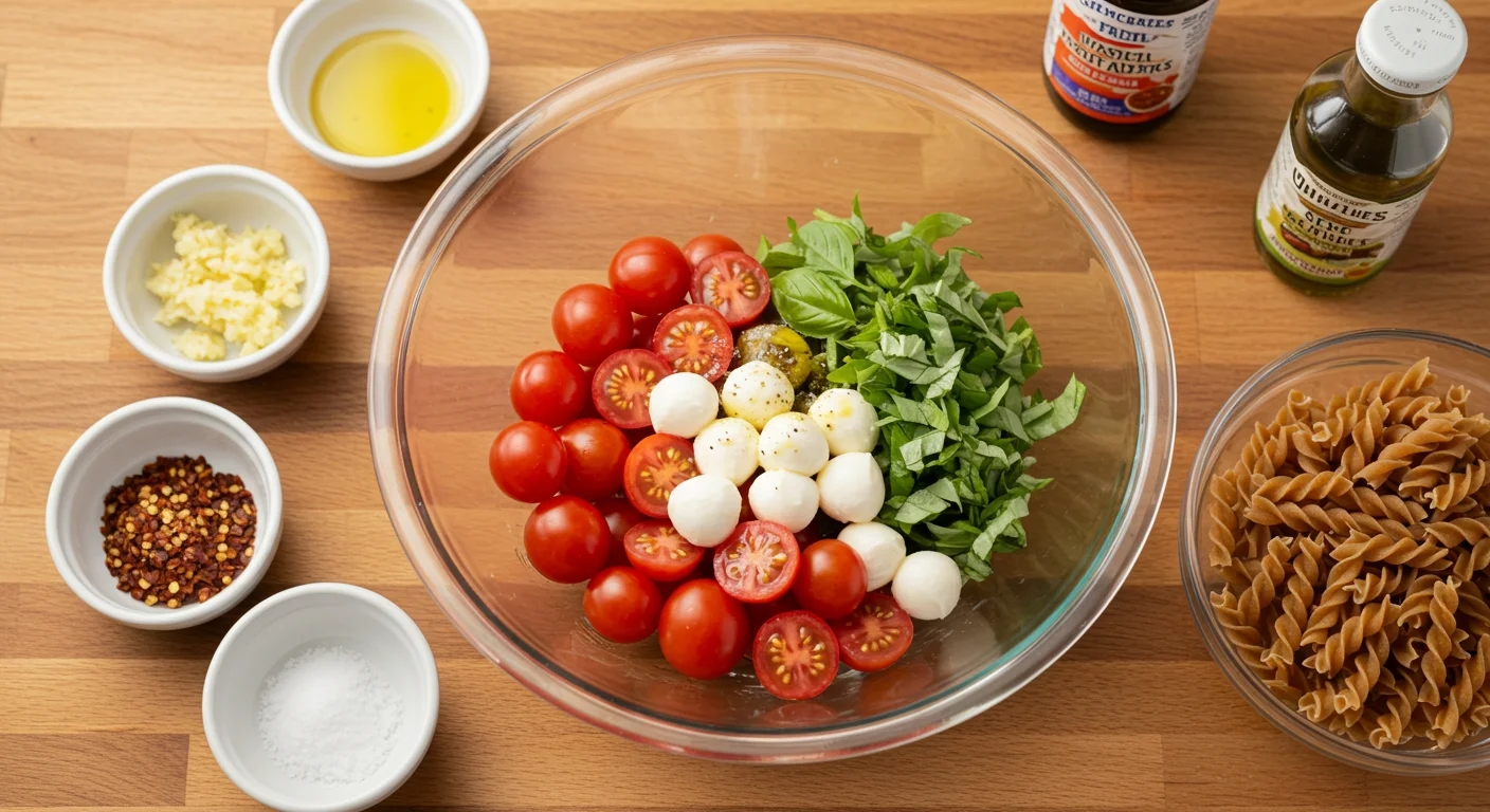 High-Protein Vegetarian Pasta Glass bowl with cherry tomatoes, mozzarella pearls, and basil, surrounded by pasta and seasonings on a wooden countertop.