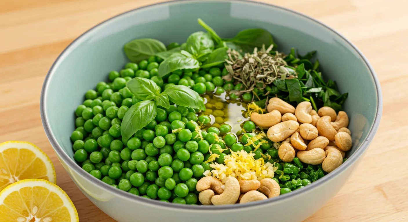 High-Protein Pea Pesto Gnocchi Glass bowl with peas, basil, spinach, cashews, garlic, lemon zest, and olive oil on a wooden countertop.