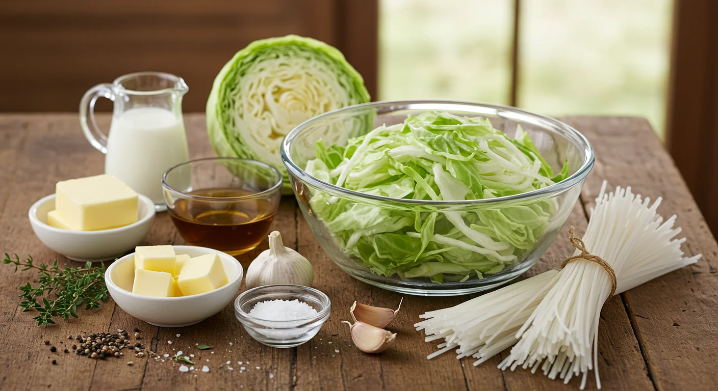 High-protein Creamy Caramelized Cabbage Pasta Ingredients for High-Protein Creamy Caramelized Cabbage Pasta in a glass bowl with cabbage, butter, Parmesan, and cream, surrounded by seasonings and shirataki noodles on a wooden surface.