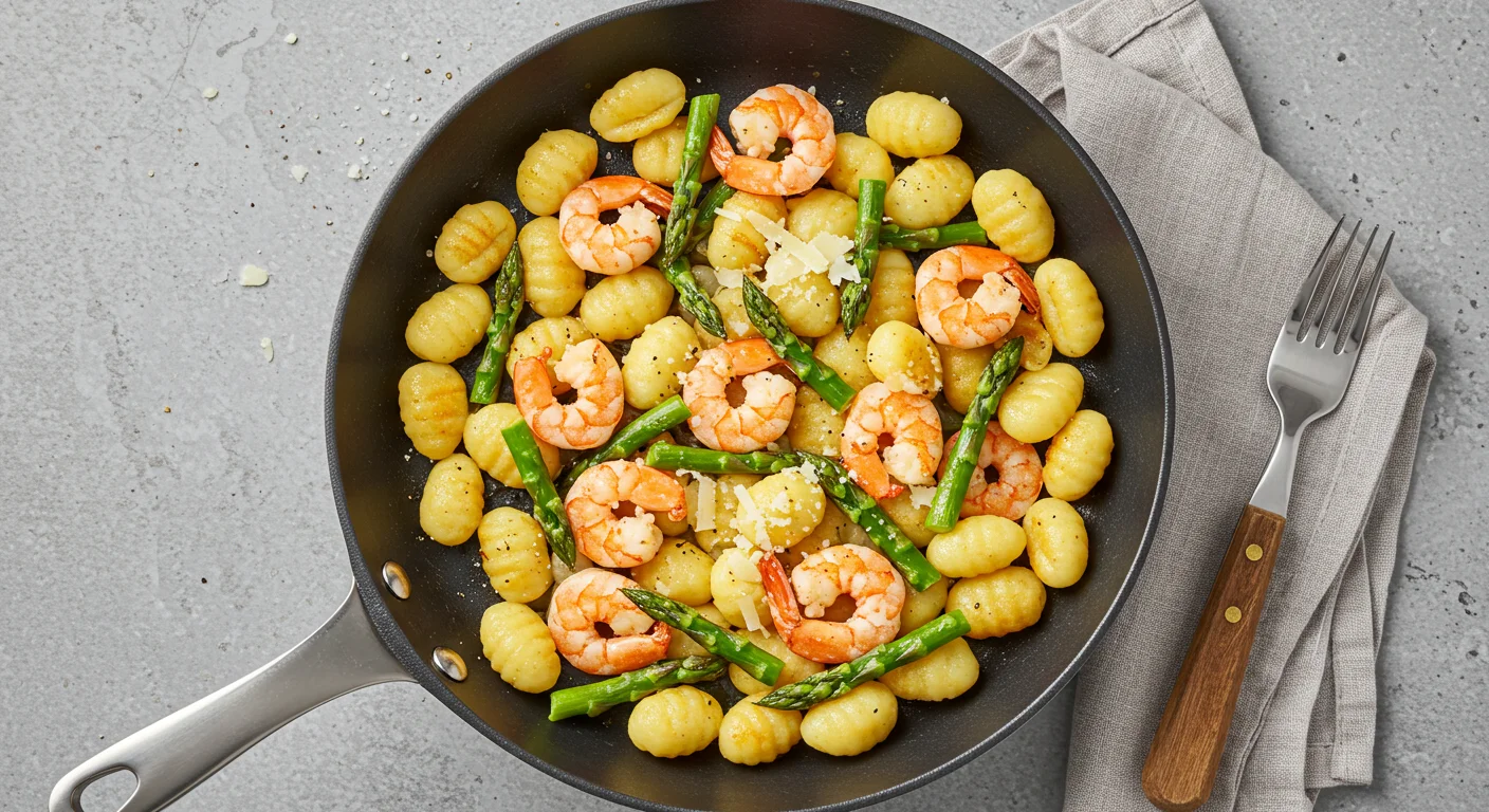 High-Protein Skillet Gnocchi Skillet with golden gnocchi, shrimp, and asparagus, topped with Parmesan, captured from above with a casual handheld look.