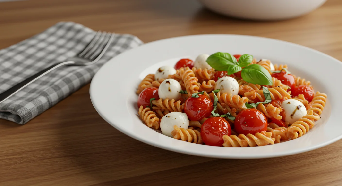 High-Protein Vegetarian Pasta High-Protein Melting Cherry Tomato & Mozzarella Pasta in a white bowl with cherry tomatoes, basil, and melted mozzarella, shot casually.