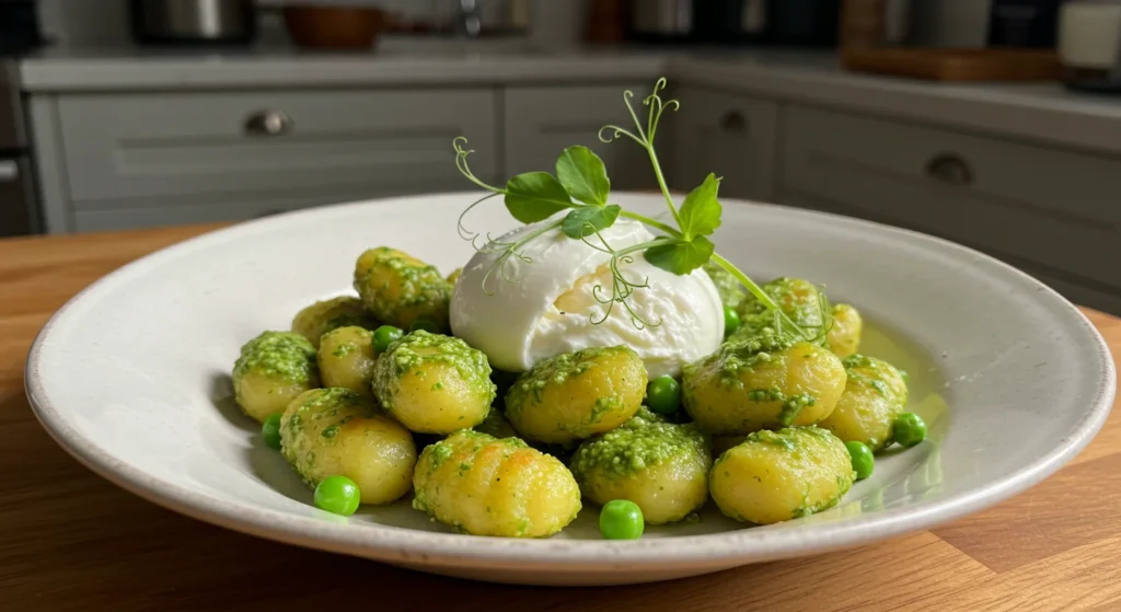 High-Protein Pea Pesto Gnocchi Casual photo of High-Protein Pea Pesto Gnocchi with pesto, burrata, and pea shoots on a white plate.