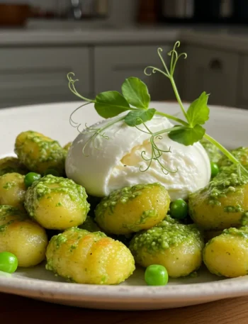 High-Protein Pea Pesto Gnocchi Casual photo of High-Protein Pea Pesto Gnocchi with pesto, burrata, and pea shoots on a white plate.