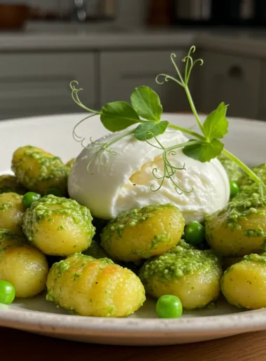 High-Protein Pea Pesto Gnocchi Casual photo of High-Protein Pea Pesto Gnocchi with pesto, burrata, and pea shoots on a white plate.