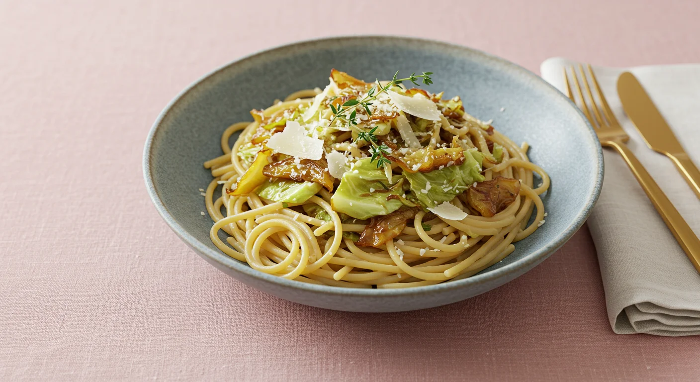 High-protein Creamy Caramelized Cabbage Pasta High-Protein Creamy Caramelized Cabbage Pasta on a blue plate, garnished with Parmesan and thyme, placed on a pink tablecloth, captured casually with a handheld camera.