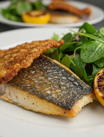 High-Protein Striped Bass Close-up of crispy striped bass with salad and charred lemon, shot at plate level.