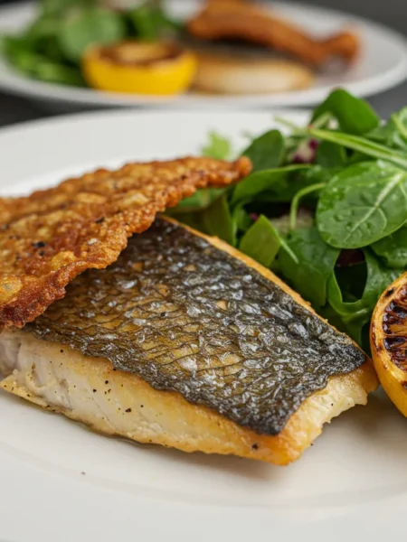 High-Protein Striped Bass Close-up of crispy striped bass with salad and charred lemon, shot at plate level.