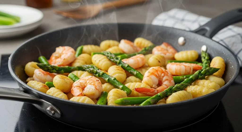 High-Protein Skillet Gnocchi Close-up side view of skillet gnocchi with crispy gnocchi, shrimp, and asparagus in a cozy home-cooked setting.