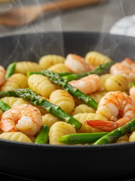 High-Protein Skillet Gnocchi Close-up side view of skillet gnocchi with crispy gnocchi, shrimp, and asparagus in a cozy home-cooked setting.