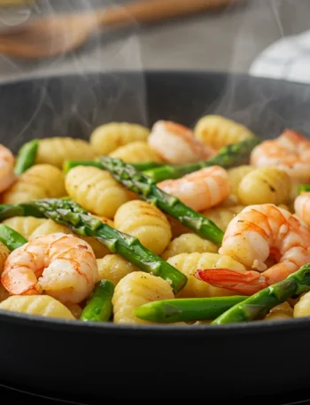 High-Protein Skillet Gnocchi Close-up side view of skillet gnocchi with crispy gnocchi, shrimp, and asparagus in a cozy home-cooked setting.