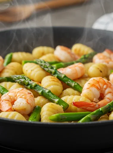 High-Protein Skillet Gnocchi Close-up side view of skillet gnocchi with crispy gnocchi, shrimp, and asparagus in a cozy home-cooked setting.