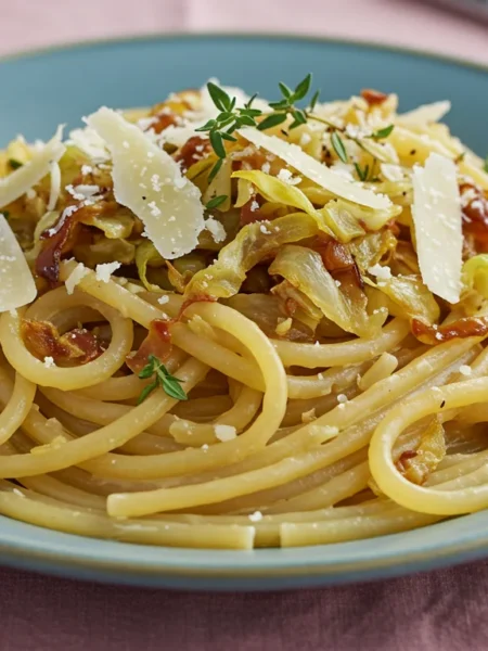 High-protein Creamy Caramelized Cabbage Pasta Close-up of creamy caramelized cabbage pasta on a blue plate, highlighting golden cabbage and Parmesan garnish, with a warm, homemade feel.