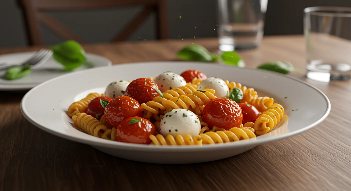 High-Protein Vegetarian Pasta Close-up of pasta with burst cherry tomatoes, melted mozzarella, and basil, on a white plate with a natural dining setup.