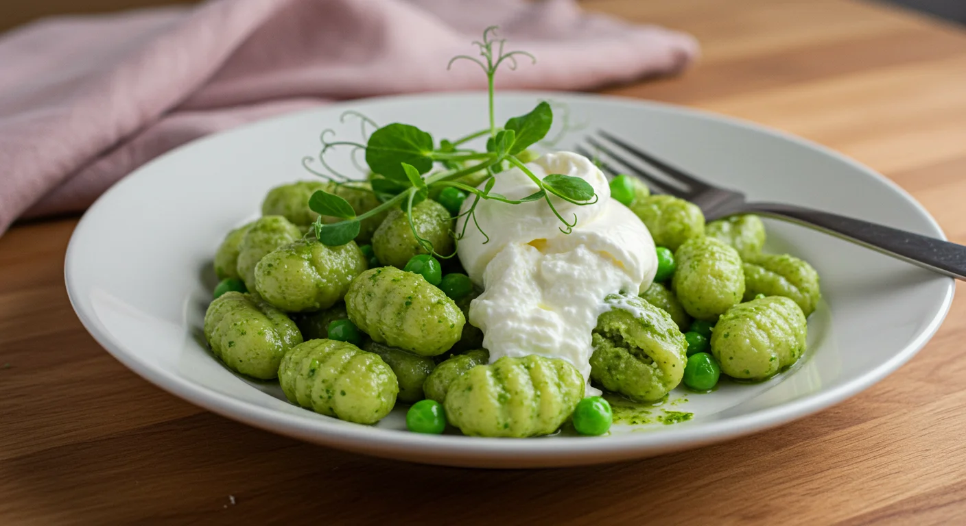 High-Protein Pea Pesto Gnocchi Side-angle shot of gnocchi with pesto, burrata, and pea shoots on a white plate with a fork.