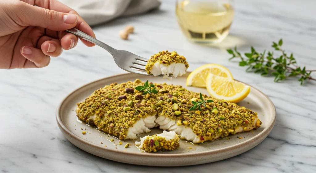 High-Protein Pistachio-Crusted Halibut Hand holding a fork with pistachio-crusted halibut, plated elegantly with lemon and olive oil on a marble surface.