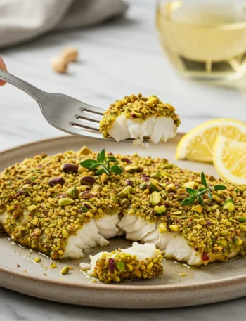 High-Protein Pistachio-Crusted Halibut Hand holding a fork with pistachio-crusted halibut, plated elegantly with lemon and olive oil on a marble surface.