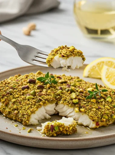 High-Protein Pistachio-Crusted Halibut Hand holding a fork with pistachio-crusted halibut, plated elegantly with lemon and olive oil on a marble surface.