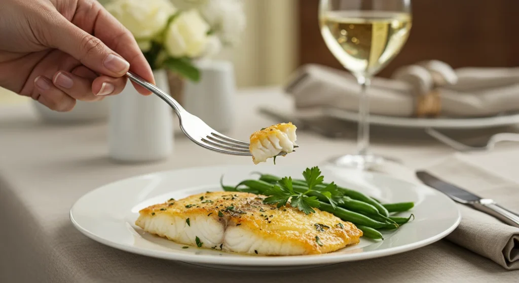 High-Protein Baked Fish Fillets Hand holding a fork over a plate of golden-brown baked fish fillets and green beans, styled on an elegant white plate with a blurred, classy dining setup.