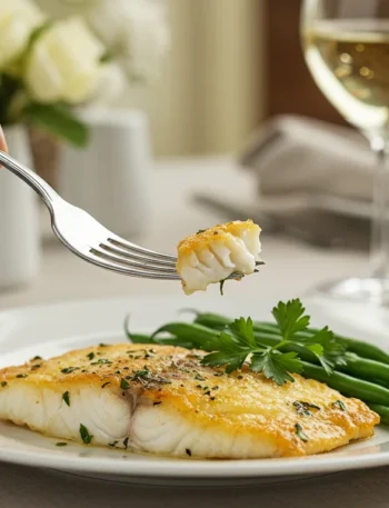 High-Protein Baked Fish Fillets Hand holding a fork over a plate of golden-brown baked fish fillets and green beans, styled on an elegant white plate with a blurred, classy dining setup.