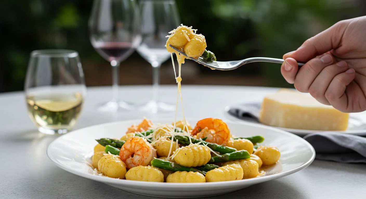 High-Protein Skillet Gnocchi Hand holding a gnocchi roll with shrimp and asparagus on a fork, with a classy white plate of rolls in the background.