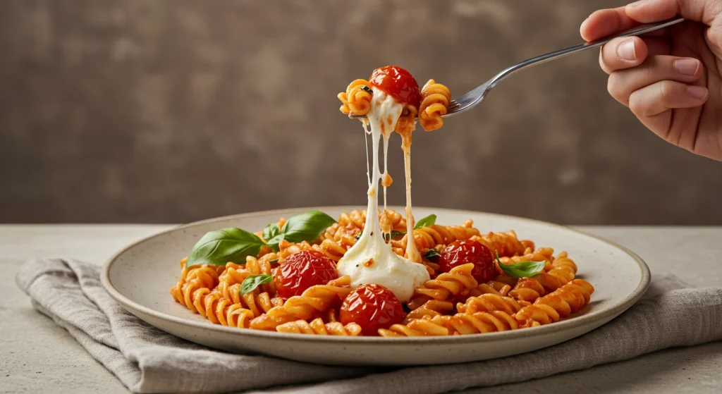 High-Protein Vegetarian Pasta Fork lifting a bite of pasta with rotini, cherry tomatoes, mozzarella, and basil, plated elegantly with a minimalist background.