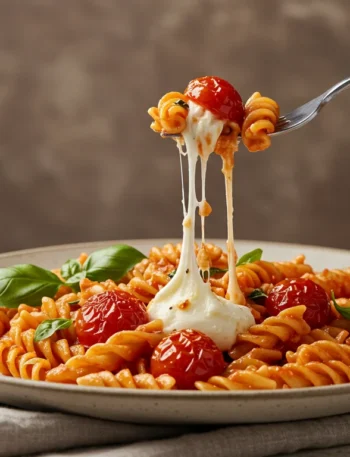 High-Protein Vegetarian Pasta Fork lifting a bite of pasta with rotini, cherry tomatoes, mozzarella, and basil, plated elegantly with a minimalist background.