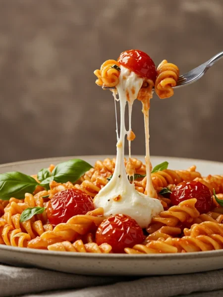 High-Protein Vegetarian Pasta Fork lifting a bite of pasta with rotini, cherry tomatoes, mozzarella, and basil, plated elegantly with a minimalist background.