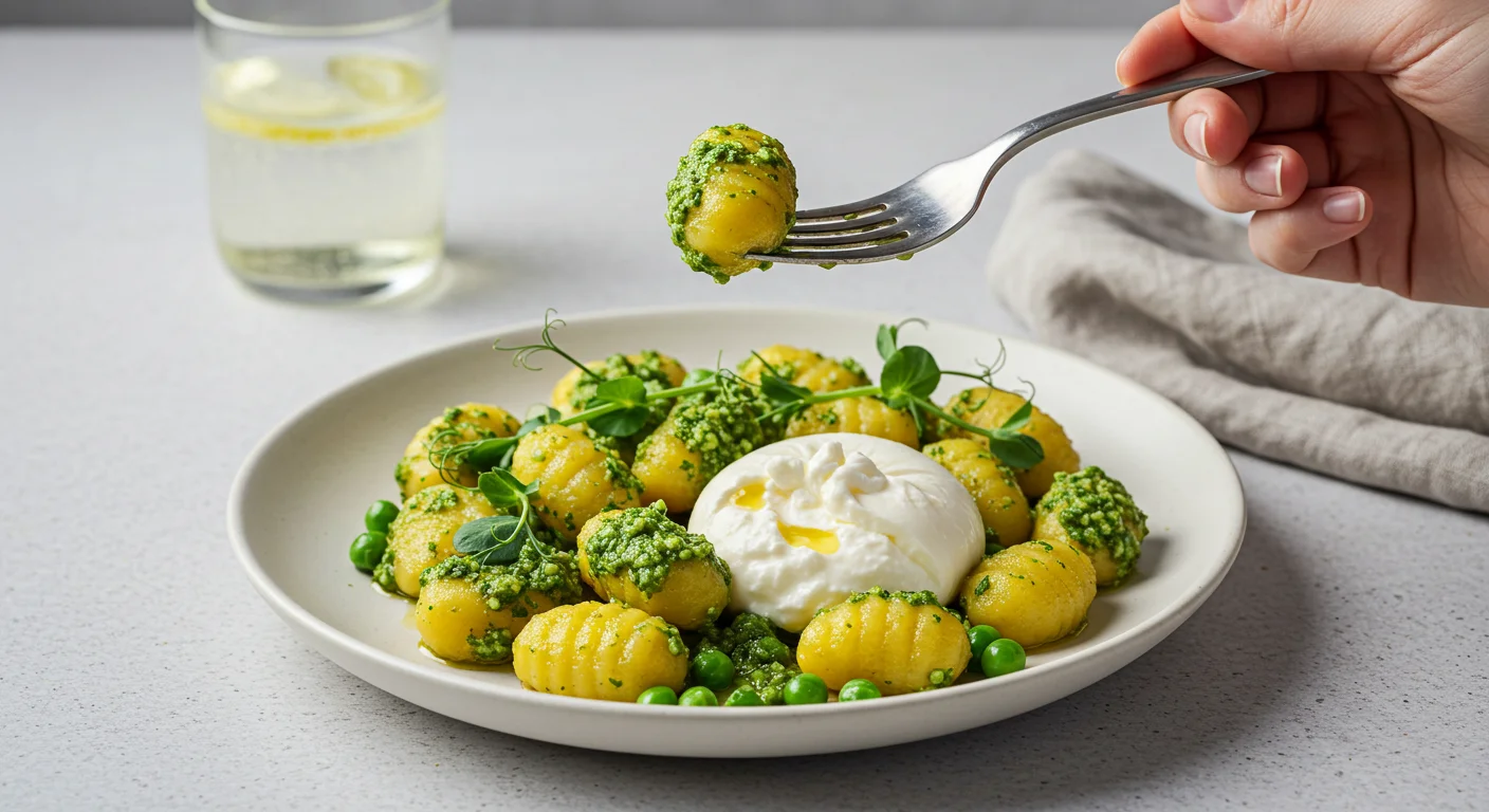 High-Protein Pea Pesto Gnocchi Hand holding a fork with gnocchi and pesto over a stylishly plated dish with burrata and pea shoots.