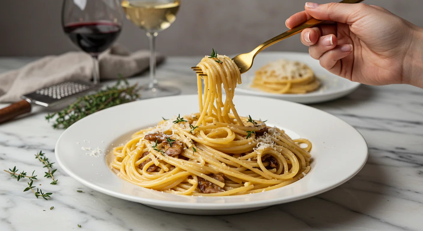 High-protein Creamy Caramelized Cabbage Pasta High-Protein Creamy Caramelized Cabbage Pasta in a white plate on marble, with a hand holding a gold fork twirling pasta, garnished with Parmesan and thyme.